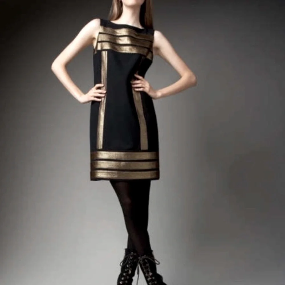 Tory Burch Simca Gold Lame’ Trim Crepe Black Dress Size 2